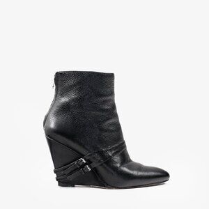 Elizabeth and James Black Leather Wedge Ankle Boots with Buckle